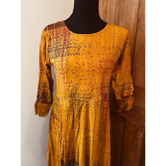 Neerus Marigold Boho Ethnic Embroidered Maxi Dress Large Preowned Rayon - Picture 4 of 9